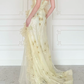 Pretty Mermaid Strapless Shiny Sequin Yellow Organza Slit Prom Dress Evening Dress SH6763