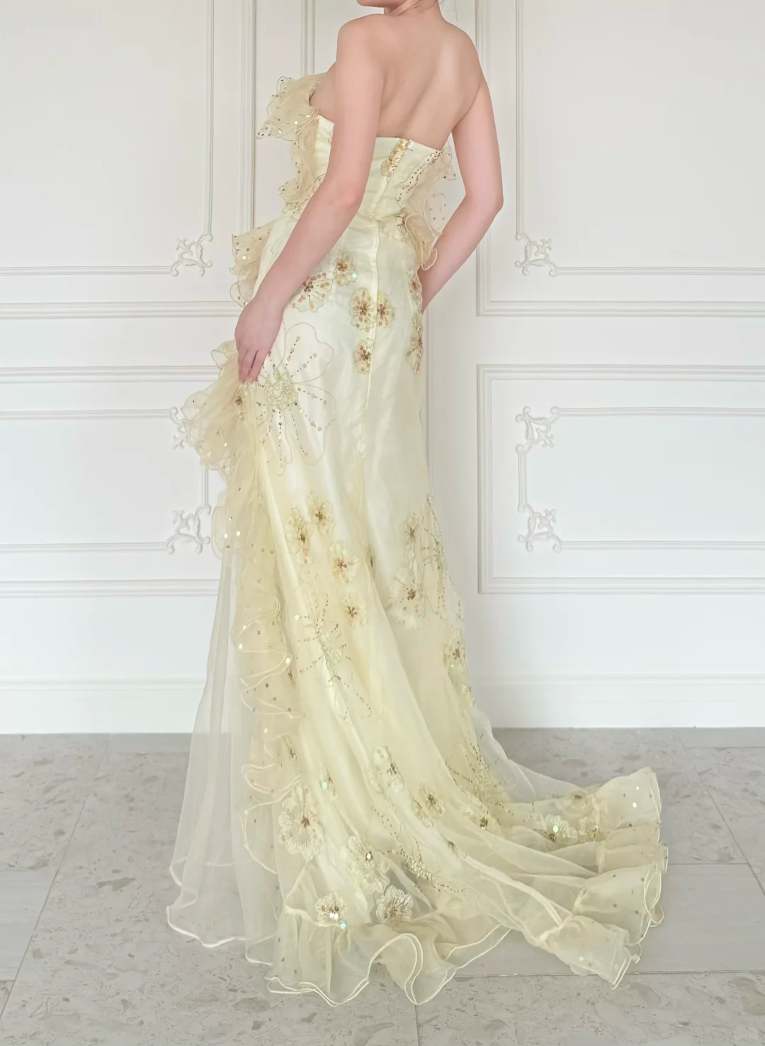 Pretty Mermaid Strapless Shiny Sequin Yellow Organza Slit Prom Dress Evening Dress SH6763