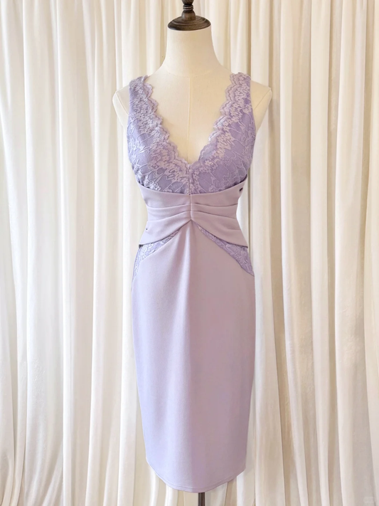 Lilac Elegant Sheath V Neck Lace Satin Short Prom Dress Hoco Dress SH5513