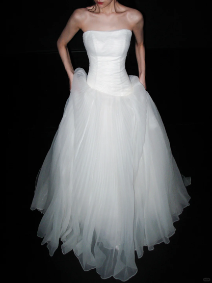 Classic A Line Strapless White Tulle Long Wedding Dress SH5958