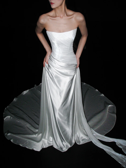 Beautiful Sheath Strapless Pleated Tulle Satin Long Wedding Dress SH8910