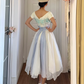 Retro Princess A Line Blue Exquisite Embroidered White Tulle Long Prom Dress Evening Dress SH6048