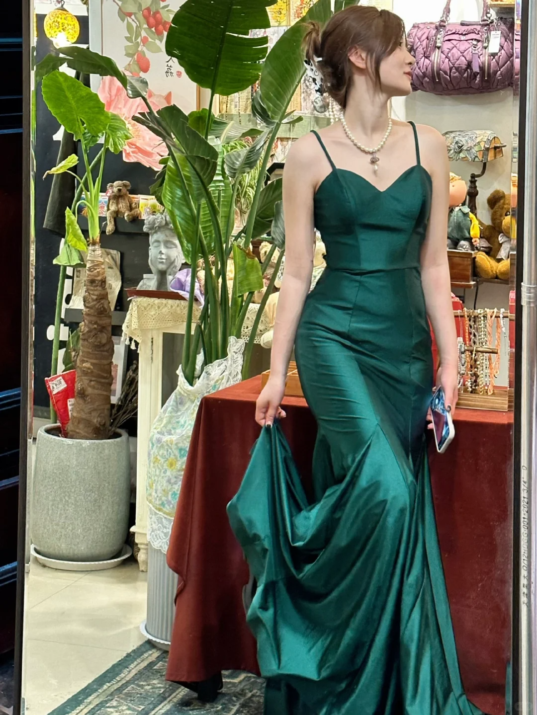 Green Mermaid Straps Simple Satin Long Prom Dress Wedding Guest Dress SH5503
