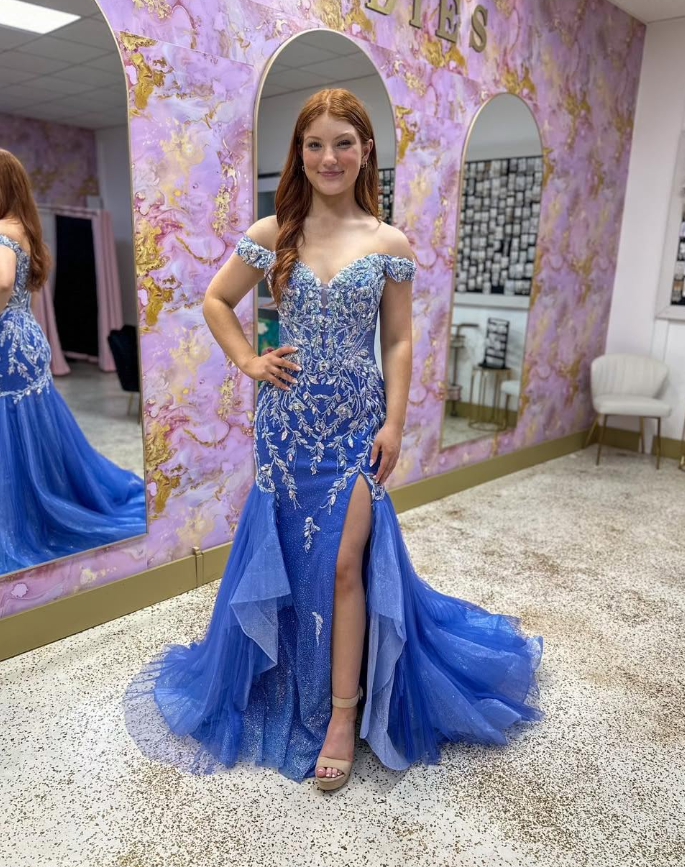 Glamorous Blue Mermaid Off the Shoulder Beaded Tulle Long Prom Dress Evening Dress SH6824