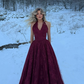 Dark Burgundy A Line V Neck Lace Long Prom Dress Evening Dress SH6056