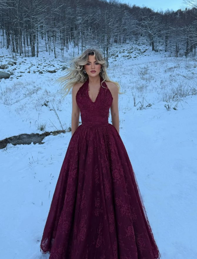 Dark Burgundy A Line V Neck Lace Long Prom Dress Evening Dress SH6056