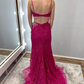 Hot Pink Sheath Straps Shiny Beaded Sequin Tulle Long Prom Dress Evening Dress SH6781