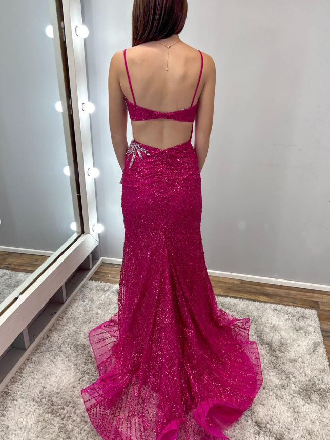 Hot Pink Sheath Straps Shiny Beaded Sequin Tulle Long Prom Dress Evening Dress SH6781