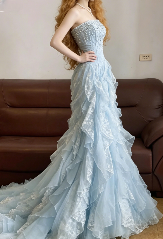 Baby Blue Mermaid Exquisite Beaded Layered Chiffon Lace Graduation Prom Dress Wedding Guest Dress SH5430
