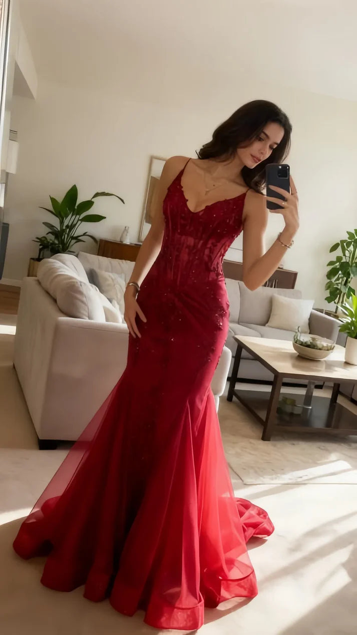 Modest Mermaid Spaghetti Straps Burgundy Lace Tulle Prom Dresses Inspiration Prom Dress Princess Graduation Dress SH6413