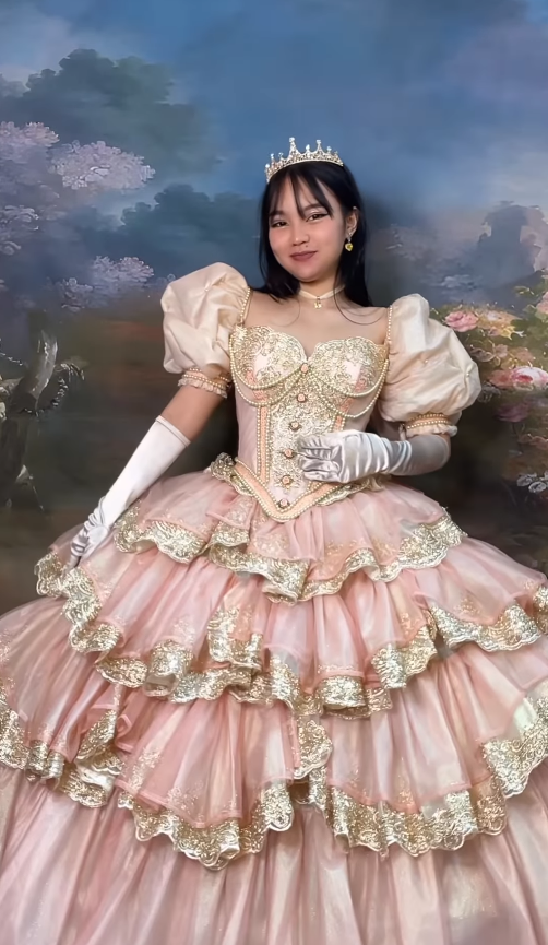 Pink Ball Gown Puff Layered Lace Beaded Satin Quinceanera Dresses SH4872