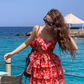 Red Print Floral A Line Spaghetti Strap Layered Chiffon Short Homecoming Dress Vacation Dresses SH4155