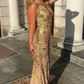 Unique Mermaid Golden Sequin Long Sweep Open Back Prom Dress Evening Dress SH1021