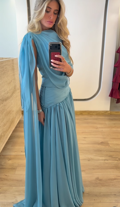 Lake Blue A Line Flowy Chiffon Long Prom Dress Party Evening Dress SH5705