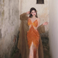 Dreamy Mermaid Spaghetti Straps Orange Satin Chiffon Long Prom Dress Evening Dress SH4392