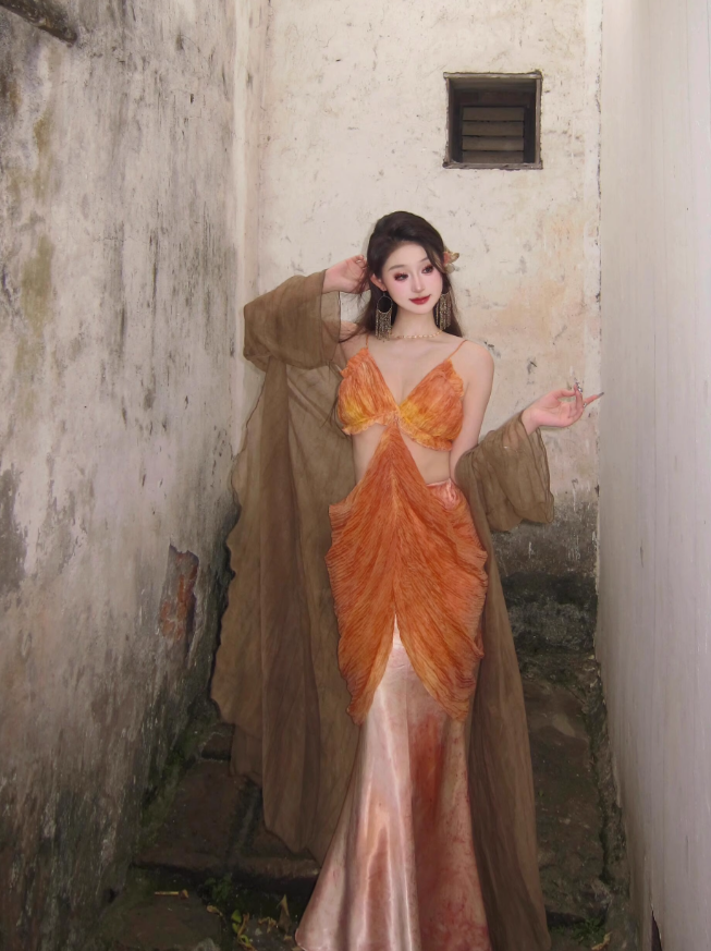 Dreamy Mermaid Spaghetti Straps Orange Satin Chiffon Long Prom Dress Evening Dress SH4392