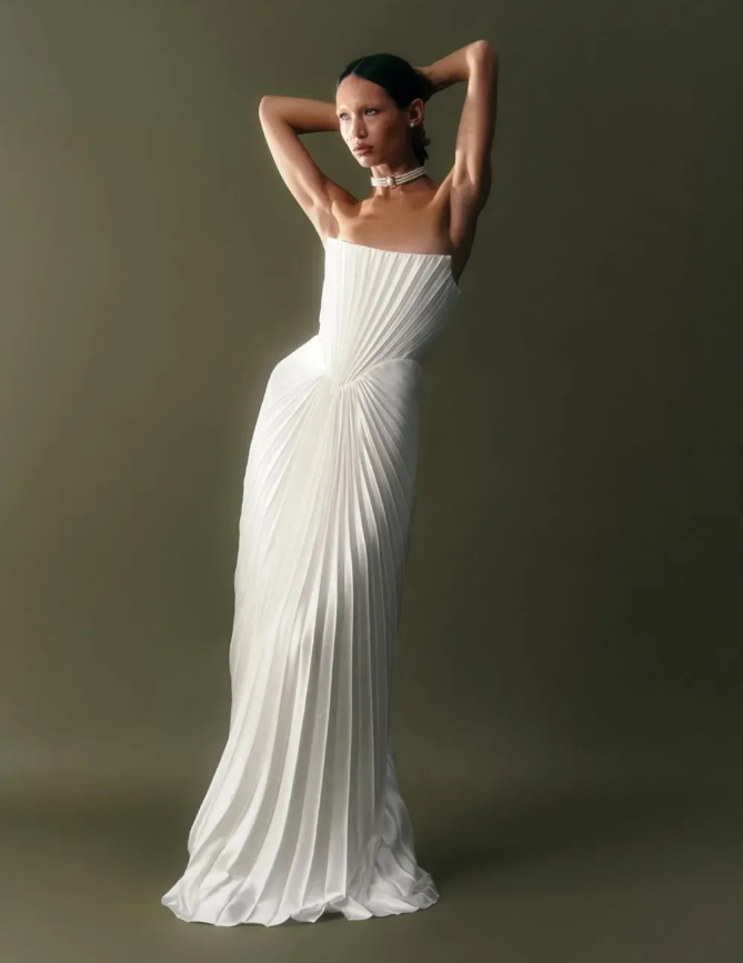 Unique Sheath Strapless Pleated White Satin Long Wedding Dress SH7153