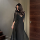 Navy Blue Elegant Sheath V Neck Satin Chiffon Prom Dress Wedding Guest Dress SH5322