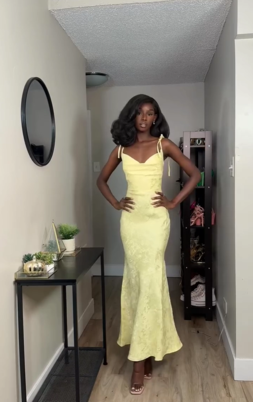 Yellow Mermaid Spaghetti Strap Print Floral Satin Prom Dress Outfits SH4742