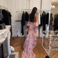 Flowy Pink A Line Spaghetti Strap Print Floral Chiffon Open Back Prom Dress Vacation Dress SH3985