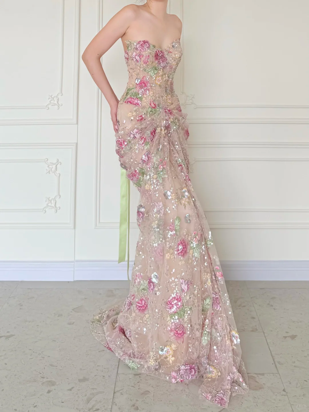 Luxurious Mermaid Strapless Floral Sequin Tulle Long Prom Dress Evening Dress SH5843