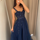 Navy Blue A Line Straps Appliques Lace Tulle Long Prom Dress Party Evening Dress SH5708