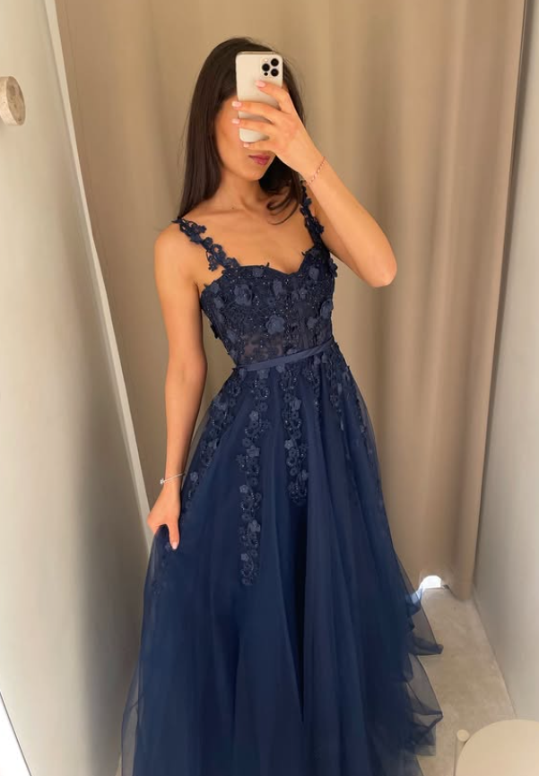 Navy Blue A Line Straps Appliques Lace Tulle Long Prom Dress Party Evening Dress SH5708