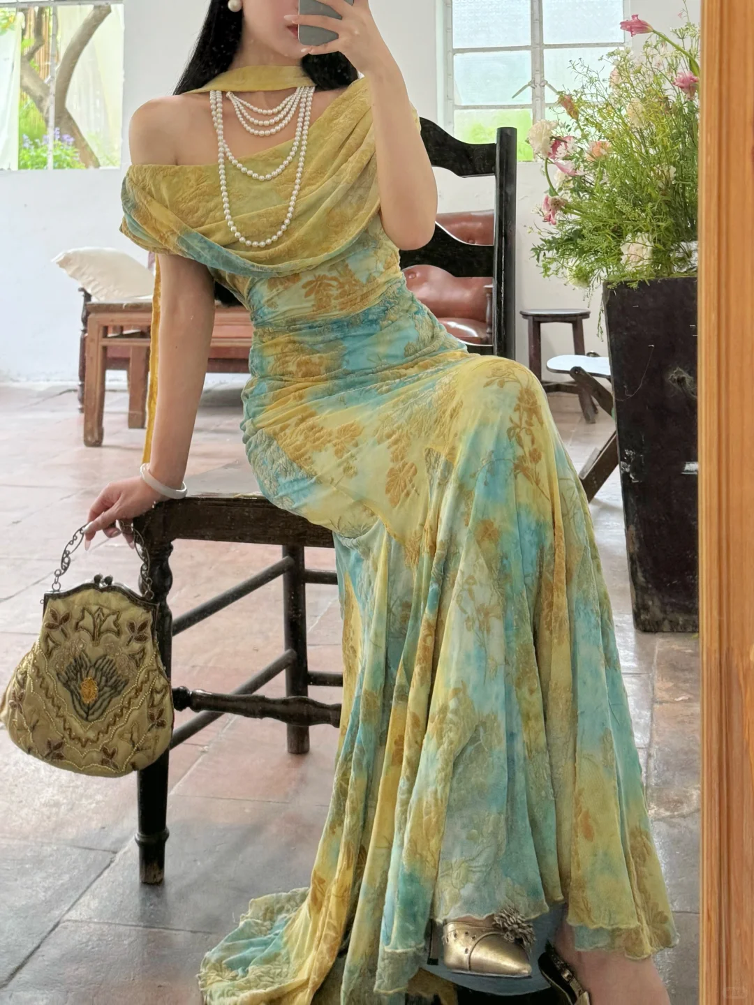 Unique Blue-green Ombre Mermaid Print Floral Chiffon Prom Dress Evening Dress SH6768