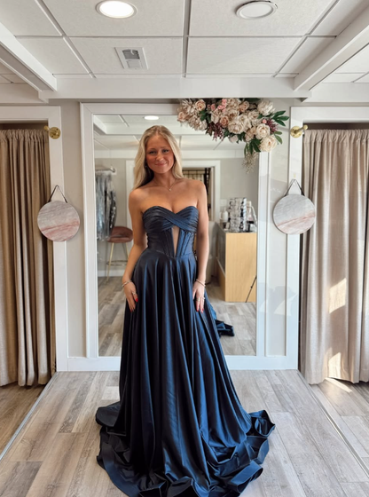 Elegant A Line Sweetheart Neck Navy Blue Satin Long Prom Dress Evening Dress SH2315