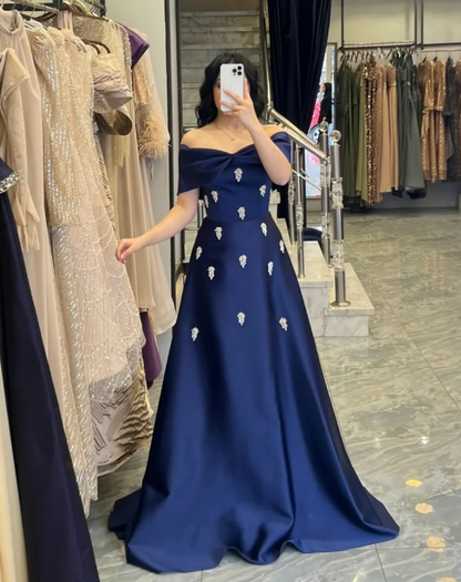 Royal Blue A Line Off the Shoulder Beaded Satin Long Prom Dress Evening Dress SH7310
