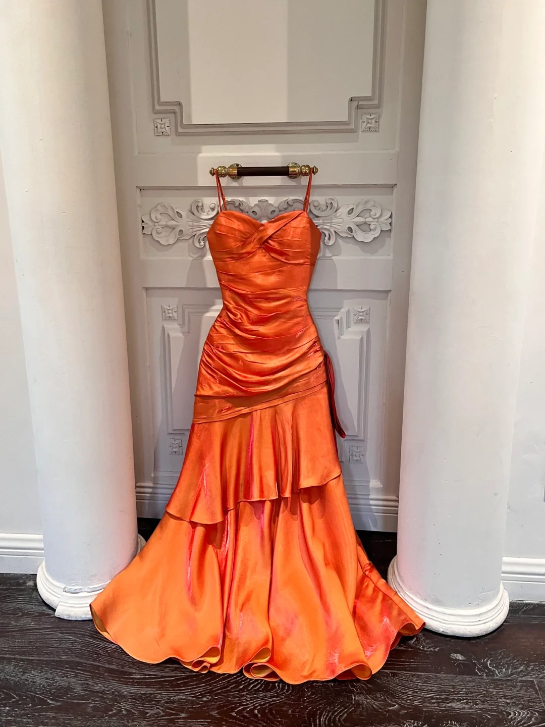 Charming Mermaid Spaghetti Strap Orange Layered Satin Long Party Dress Evening Dress SH3135