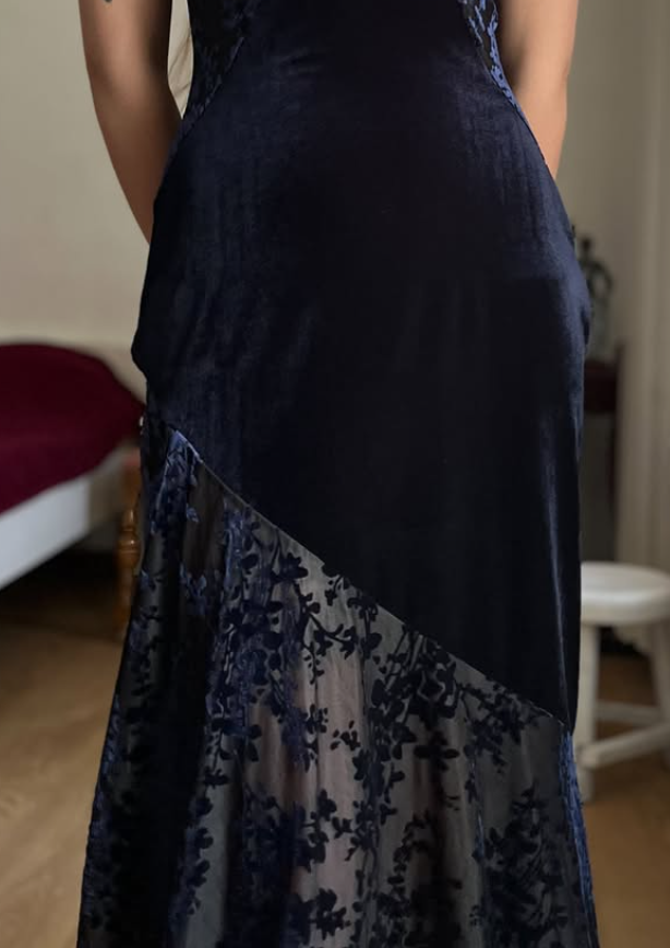 Vintage Sheath Spaghetti Strap Dark Blue Lace Velvet Prom Dress Evening Dress SH6076