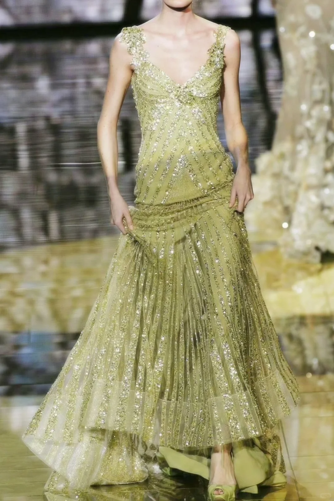 Shiny Pretty A Line Straps Sequin Green Tulle Long Prom Dress SH4973