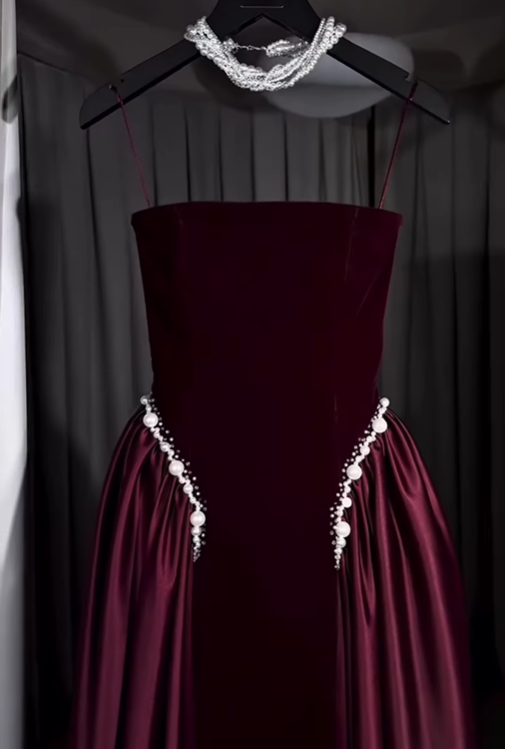 Classy A Line Strapless Pearl Dark Burgundy Velvet Satin Party Dress Wedding Guest Dress SH2923