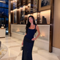 Dark Navy Blue Sheath Spaghetti Straps Sequin Satin Prom Dress SH8534