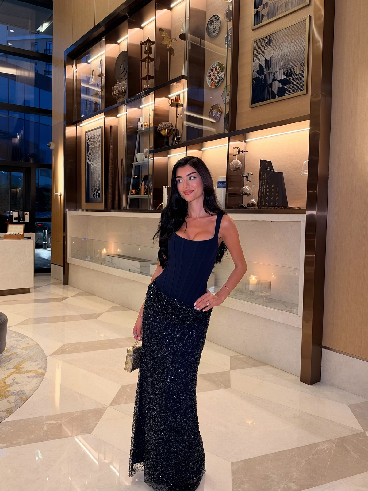 Dark Navy Blue Sheath Spaghetti Straps Sequin Satin Prom Dress SH8534