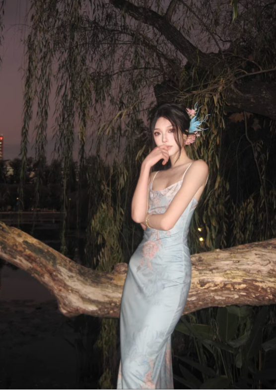 Blue Sheath Straps Print Floral Satin Long Prom Dress SH5158