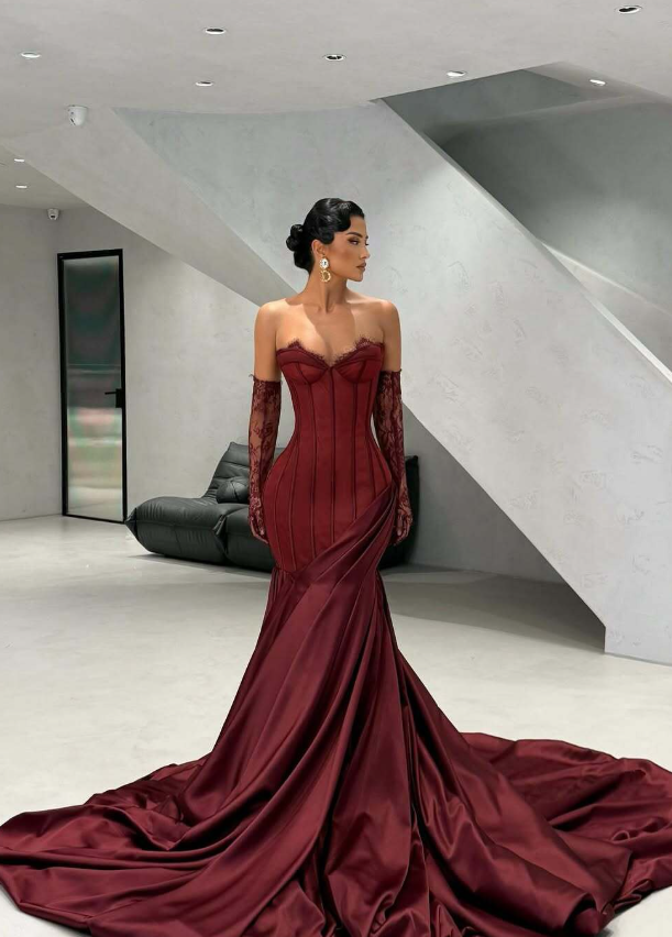 Sexy Burgundy Mermaid Strapless Lace Tulle Satin Prom Dress Wedding Guest Dress SH4700