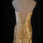 Vintage Gold A Line Spaghetti Straps Pleated Beaded Satin Prom Dress Graduation Prom Dress SH5188