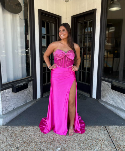 Hot Pink Sheath Strapless Bow Beaded Satin Slit Prom Dress Party Evening Dress SH7243