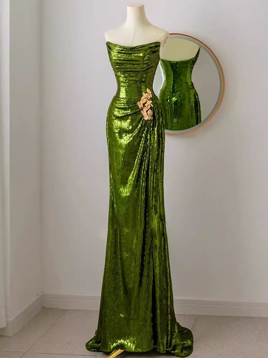 Sparkly Mermaid Strapless Long Sequin Green Prom Dress SH1317
