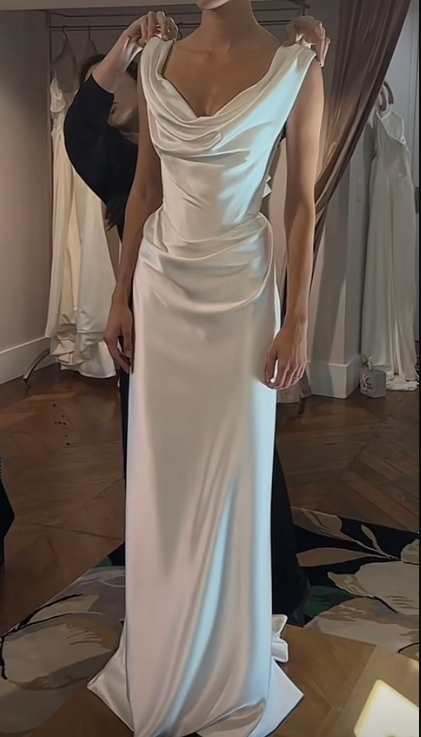 High-Class Sheath Straps White Pleated Satin Prom Dress Wedding Dress SH8490