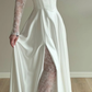 Elegant White A Line Long Sleeve Lace Satin Prom Dress Wedding Guest Dress SH5395
