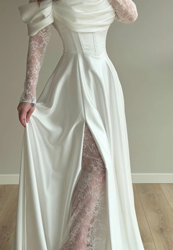 Elegant White A Line Long Sleeve Lace Satin Prom Dress Wedding Guest Dress SH5395