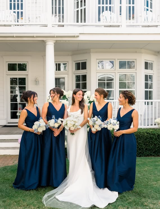 Classic Navy Blue A Line V Neck Satin Long Bridesmaid Dress SH6318