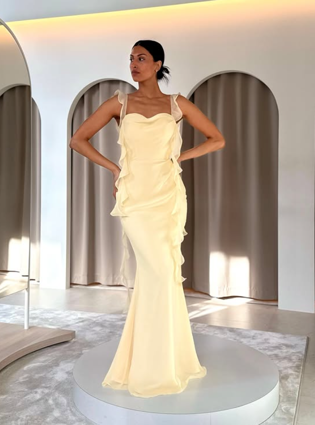 Light Yellow Mermaid Straps Ruffle Chiffon Prom Dress Date Dress SH5547