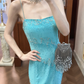 Vintage Blue Sheath Spaghetti Straps Beaded Chiffon Long Prom Dress SH5207