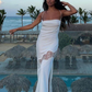 Sexy Satin Lace Splicing Long Evening Dress Yellow Prom Dress SH971