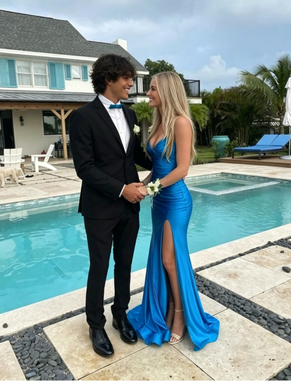 Blue Elegant Mermaid Slit Prom Dress Long Evening Dress SH1070