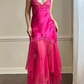 Hot Pink Sexy A Line Spaghetti Strap Lace Satin Prom Dress Evening Dress SH2316